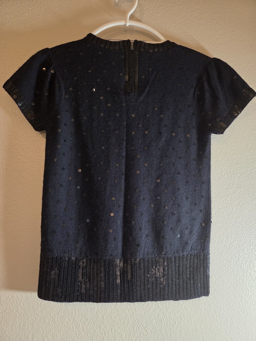 Marc Jacobs Wool Navy Short Sleeve Sequin Dot Knit Top Size M - Picture 10 of 10
